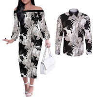 Black White Monotone Tropical Flowers Pattern Couples Matching Off The Shoulder Long Sleeve Dress and Long Sleeve Button Shirt LT01 Black - Polynesian Pride