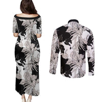 Black White Monotone Tropical Flowers Pattern Couples Matching Puletasi and Long Sleeve Button Shirt LT01 - Polynesian Pride