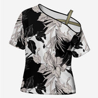 Black White Monotone Tropical Flowers Pattern Cross Shoulder Shirt LT01 Female Black - Polynesian Pride