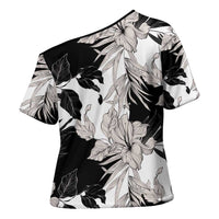Black White Monotone Tropical Flowers Pattern Cross Shoulder Shirt LT01 - Polynesian Pride