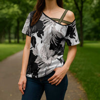 Black White Monotone Tropical Flowers Pattern Cross Shoulder Shirt LT01 - Polynesian Pride