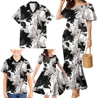 Black White Monotone Tropical Flowers Pattern Family Matching Mermaid Dress and Hawaiian Shirt - Polynesian Pride