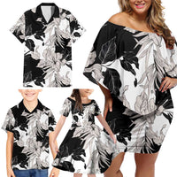 Black White Monotone Tropical Flowers Pattern Family Matching Off Shoulder Short Dress and Hawaiian Shirt - Polynesian Pride