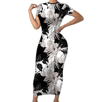Black White Monotone Tropical Flowers Pattern Family Matching Short Sleeve Bodycon Dress and Hawaiian Shirt - Polynesian Pride