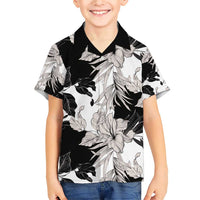 Black White Monotone Tropical Flowers Pattern Family Matching Short Sleeve Bodycon Dress and Hawaiian Shirt - Polynesian Pride