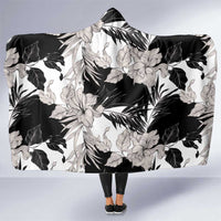 Black White Monotone Tropical Flowers Pattern Hooded Blanket - Polynesian Pride