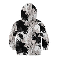 Black White Monotone Tropical Flowers Pattern Kid Hoodie - Polynesian Pride