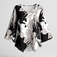 Black White Monotone Tropical Flowers Pattern Kimono Sleeve Blouse LT01 Female Black - Polynesian Pride