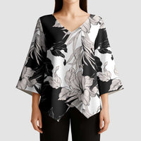 Black White Monotone Tropical Flowers Pattern Kimono Sleeve Blouse LT01 - Polynesian Pride