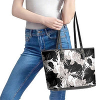 Black White Monotone Tropical Flowers Pattern Leather Tote Bag - Polynesian Pride
