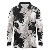 Black White Monotone Tropical Flowers Pattern Long Sleeve Polo Shirt LT01 Black - Polynesian Pride