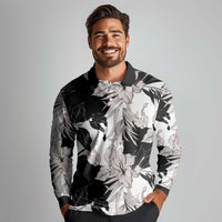 Black White Monotone Tropical Flowers Pattern Long Sleeve Polo Shirt LT01 - Polynesian Pride