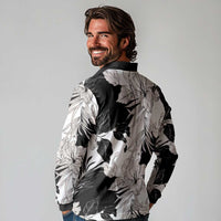 Black White Monotone Tropical Flowers Pattern Long Sleeve Polo Shirt LT01 - Polynesian Pride