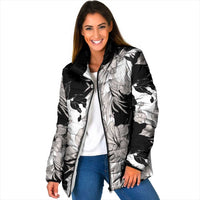 Black White Monotone Tropical Flowers Pattern Padded Jacket LT01 Women Black - Polynesian Pride