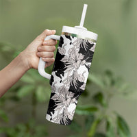 Black White Monotone Tropical Flowers Pattern Tumbler With Handle - Polynesian Pride