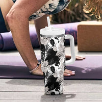 Black White Monotone Tropical Flowers Pattern Tumbler With Handle - Polynesian Pride