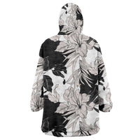 Black White Monotone Tropical Flowers Pattern Wearable Blanket Hoodie LT01 - Polynesian Pride