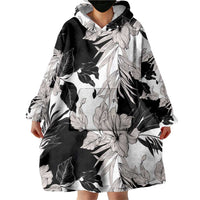 Black White Monotone Tropical Flowers Pattern Wearable Blanket Hoodie LT01 - Polynesian Pride