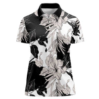 Black White Monotone Tropical Flowers Pattern Women Polo Shirt LT01 Female Black - Polynesian Pride