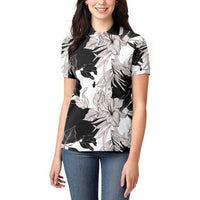 Black White Monotone Tropical Flowers Pattern Women Polo Shirt LT01 - Polynesian Pride