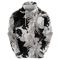 Black White Monotone Tropical Flowers Pattern Zip Hoodie LT01 - Polynesian Pride