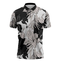 Black White Monotone Tropical Flowers Pattern Zipper Polo Shirt LT01 Black - Polynesian Pride