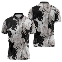 Black White Monotone Tropical Flowers Pattern Zipper Polo Shirt LT01 - Polynesian Pride