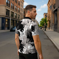 Black White Monotone Tropical Flowers Pattern Zipper Polo Shirt LT01 - Polynesian Pride