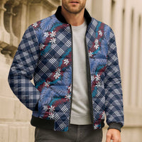 Polynesian Monstera Tiare Floral Bomber Puffer Jacket Royal Blue Tropical Plaid LT01 - Polynesian Pride