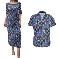 Polynesian Monstera Tiare Floral Couples Matching Puletasi and Hawaiian Shirt Royal Blue Tropical Plaid - Polynesian Pride
