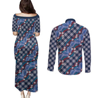 Polynesian Monstera Tiare Floral Couples Matching Puletasi and Long Sleeve Button Shirt Royal Blue Tropical Plaid LT01 - Polynesian Pride