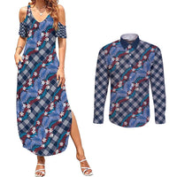 Polynesian Monstera Tiare Floral Couples Matching Summer Maxi Dress and Long Sleeve Button Shirt Royal Blue Tropical Plaid - Polynesian Pride
