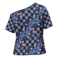 Polynesian Monstera Tiare Floral Cross Shoulder Shirt Royal Blue Tropical Plaid LT01 - Polynesian Pride