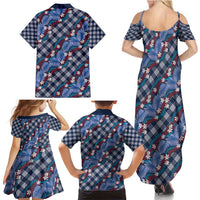 Polynesian Monstera Tiare Floral Family Matching Summer Maxi Dress and Hawaiian Shirt Royal Blue Tropical Plaid - Polynesian Pride