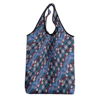 Polynesian Monstera Tiare Floral Grocery Bag Royal Blue Tropical Plaid - Polynesian Pride