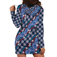 Polynesian Monstera Tiare Floral Hoodie Dress Royal Blue Tropical Plaid LT01 - Polynesian Pride
