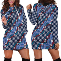 Polynesian Monstera Tiare Floral Hoodie Dress Royal Blue Tropical Plaid LT01 - Polynesian Pride