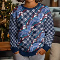 Polynesian Monstera Tiare Floral Kid Ugly Christmas Sweater Royal Blue Tropical Plaid LT01 - Polynesian Pride