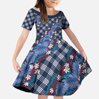 Polynesian Monstera Tiare Floral Kid Short Sleeve Dress Royal Blue Tropical Plaid LT01 KID Blue - Polynesian Pride