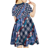 Polynesian Monstera Tiare Floral Kid Short Sleeve Dress Royal Blue Tropical Plaid LT01 - Polynesian Pride