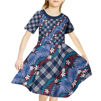 Polynesian Monstera Tiare Floral Kid Short Sleeve Dress Royal Blue Tropical Plaid LT01 - Polynesian Pride