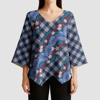 Polynesian Monstera Tiare Floral Kimono Sleeve Blouse Royal Blue Tropical Plaid LT01 - Polynesian Pride