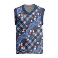 Polynesian Monstera Tiare Floral Christmas Knitted V-Neck Vest Royal Blue Tropical Plaid LT01 Blue - Polynesian Pride