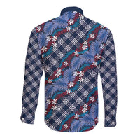 Polynesian Monstera Tiare Floral Long Sleeve Button Shirt Royal Blue Tropical Plaid LT01 - Polynesian Pride
