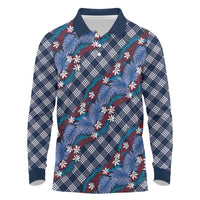 Polynesian Monstera Tiare Floral Long Sleeve Polo Shirt Royal Blue Tropical Plaid LT01 Blue - Polynesian Pride