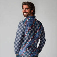 Polynesian Monstera Tiare Floral Long Sleeve Polo Shirt Royal Blue Tropical Plaid LT01 - Polynesian Pride
