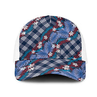 Polynesian Monstera Tiare Floral Mesh Trucker Cap Royal Blue Tropical Plaid LT01 One Size White Blue - Polynesian Pride