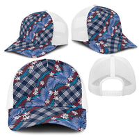Polynesian Monstera Tiare Floral Mesh Trucker Cap Royal Blue Tropical Plaid LT01 - Polynesian Pride