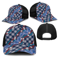 Polynesian Monstera Tiare Floral Mesh Trucker Cap Royal Blue Tropical Plaid LT01 - Polynesian Pride