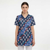 Polynesian Monstera Tiare Floral Scrub Top Royal Blue Tropical Plaid LT01 - Polynesian Pride